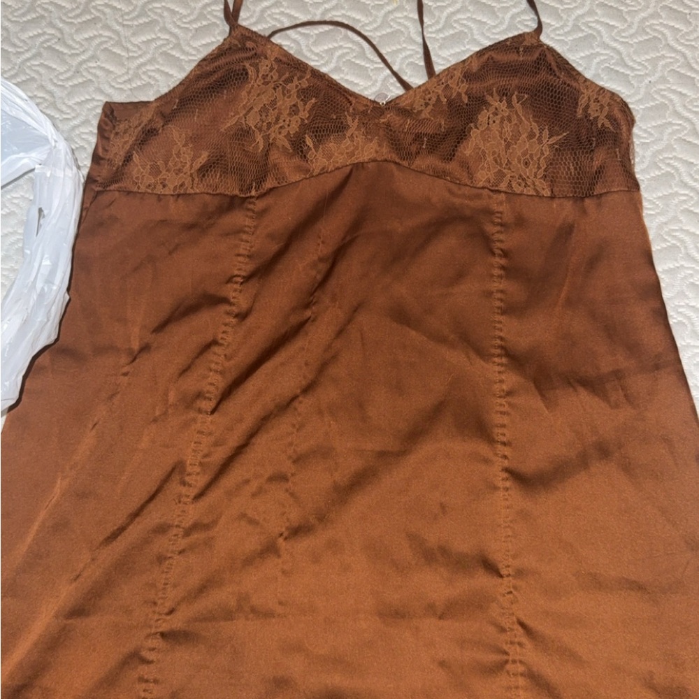 Satin Slip Dress with Lace Bodice - Rust Brown